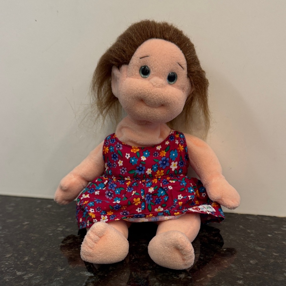 Ty Plush Girl Doll in Red Floral Dress TY Beanie Kids - 'Cookie'-S10”